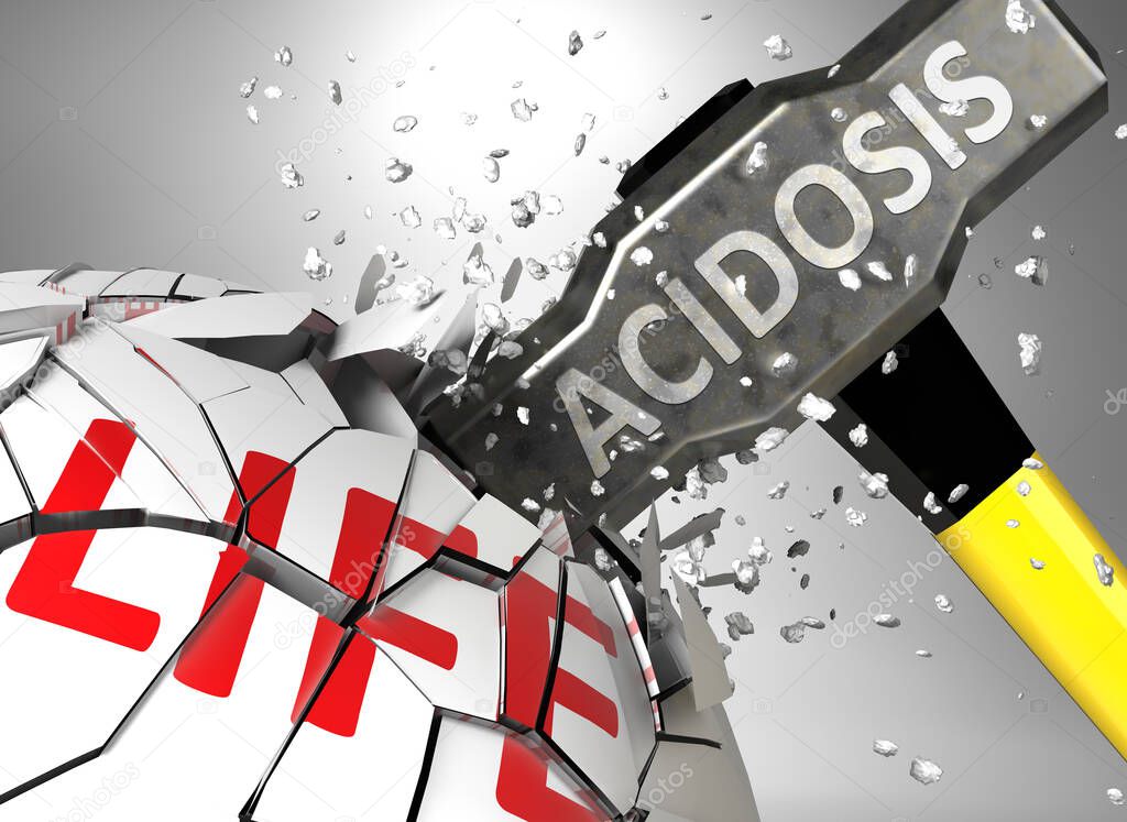 Acidosis and destruction of health and life - symbolized by word Acidosis and a hammer to show negative aspect of Acidosis, 3d illustration