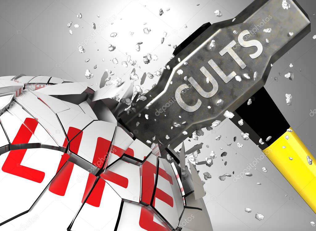 Cults and destruction of health and life - symbolized by word Cults and a hammer to show negative aspect of Cults, 3d illustration