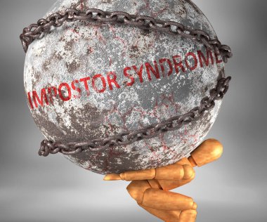 Impostor syndrome and hardship in life - pictured by word Impostor syndrome as a heavy weight on shoulders to symbolize Impostor syndrome as a burden, 3d illustration clipart