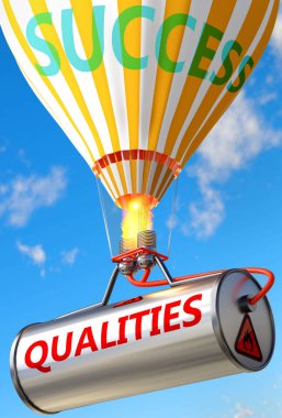 Nitelikler ve başarı - Kelime nitelikleri ve bir balon olarak resmedilmiş, Kalitelerin hayatta ve iş hayatında başarı ve refah elde etmeye yardımcı olabileceğini sembolize etmek için, 3d illüstrasyon