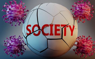 Coronavirus ve toplum, virüslerle sembolize edilmiş Covid-19 salgınının toplumu çok olumsuz etkilediğini göstermek için kelime topluluğunu yok ediyor.