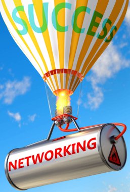 Ağ kurmak ve başarı - bir kelime ağı ve bir balon olarak resmedilmiş, Networking 'in hayatta ve iş hayatında başarı ve refah elde etmeye yardımcı olabileceğini sembolize etmek için, 3d illüstrasyon