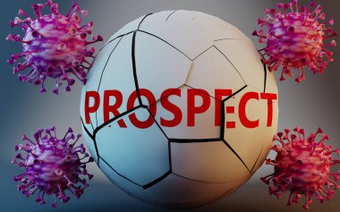 Coronavirus ve beklenti, virüsler tarafından sembolize ediliyor. Covid-19 salgınının ihtimalleri çok olumsuz etkilediğini göstermek için kelime beklentilerini yok ediyor. 3D çizim.