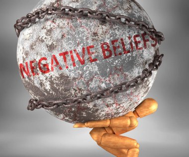 Negative beliefs and hardship in life - pictured by word Negative beliefs as a heavy weight on shoulders to symbolize Negative beliefs as a burden, 3d illustration clipart