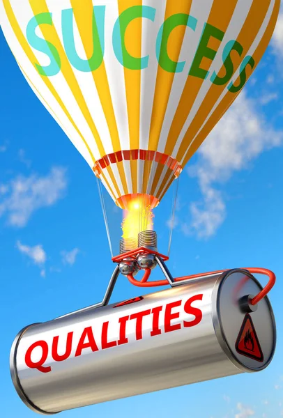 Kvaliteter Och Framgång Avbildas Som Ord Kvaliteter Och Ballong Att — Stockfoto