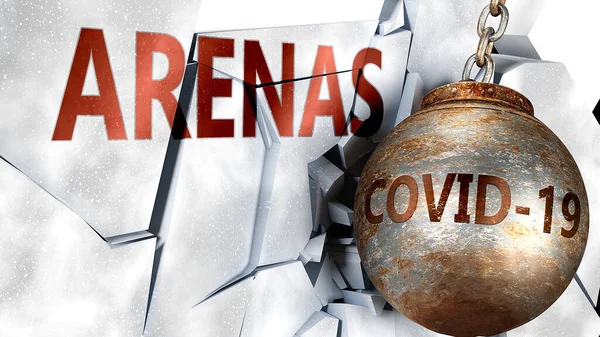 Covid Arenas Simbolizados Por Virus Coronavirus Destruyendo Arenas Palabra Para — Foto de Stock