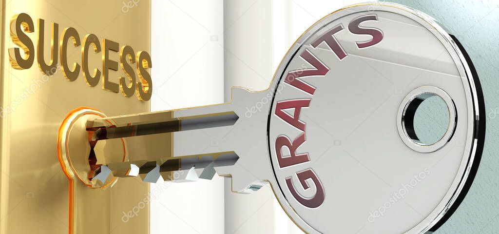 Grants and success - pictured as word Grants on a key, to symbolize that Grants helps achieving success and prosperity in life and business, 3d illustration