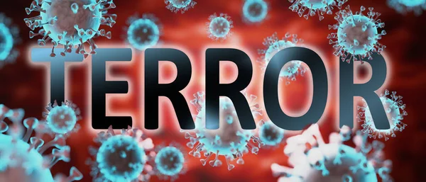 covid and terror, pictured by word terror and viruses to symbolize that terror is related to corona pandemic and that epidemic affects terror a lot, 3d illustration