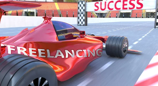 フリーランスと成功 言葉として描かれたフリーランスとF1カー フリーランスが人生とビジネスの成功と繁栄を達成するのを助けることができることを象徴する 3Dイラスト — ストック写真