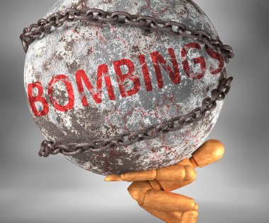 Bombalamalar ve hayattaki zorluklar, kelime bombardımanlarıyla, bombalamaları bir yük olarak sembolize etmek için omuzlarda ağır bir yük olarak tasvir ediliyor, 3D illüstrasyon.