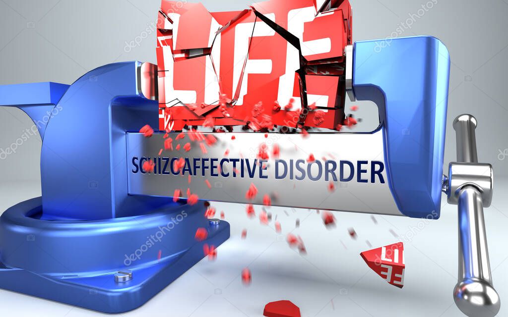 Schizoaffective disorder can ruin and destruct life - symbolized by word Schizoaffective disorder and a vice to show negative side of Schizoaffective disorder, 3d illustration