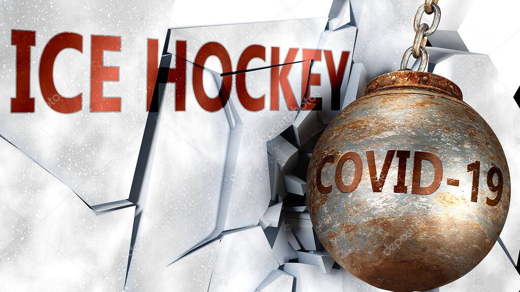 Covid and ice hockey,  symbolized by the coronavirus virus destroying word ice hockey to picture that the virus affects ice hockey and leads to recession and crisis, 3d illustration