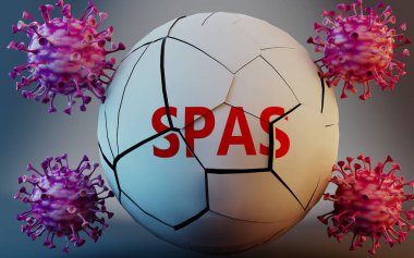 Coronavirus ve spa virüsleri, virüsler tarafından sembolize ediliyor. Covid-19 salgınının spaları çok olumsuz etkilediğini göstermek için spa 'ları yok ediyorlar. 3D çizimler.