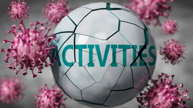 Etkinlikler ve Covid-19 virüsü, Coronavirüs salgınının etkinlikleri, bulanık arka planı, 3d illüstrasyonunu yok ettiğini gösteren sözcük etkinliklerini yok eden virüslerle sembolize ediliyor.