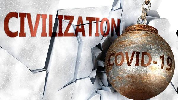 Covid Civilización Simbolizado Por Virus Coronavirus Destruir Palabra Civilización Para — Foto de Stock