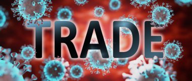 Covid ve ticaret, ticaretin korona salgınıyla ilişkili olduğunu sembolize etmek için kelime ticareti ve virüslerle resmedilmiş ve bu salgın ticareti çok fazla etkiliyor, 3D illüstrasyon