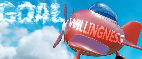 Willingnessは目標を達成するのに役立ちます 言葉として描かれた雲の中のWillingnessは 人生とビジネスの目標を達成するのを助けることができることを象徴するために 3Dイラスト — ストック写真