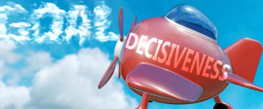 Decisiveness helps achieve a goal - pictured as word Decisiveness in clouds, to symbolize that Decisiveness can help achieving goal in life and business, 3d illustration clipart