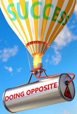 Karşıt ve başarı yapmak - kelime olarak resmedilmiş karşıt ve balon yapmak, karşıtlığı sembolize etmek hayatta ve iş hayatında başarı ve refah elde etmeye yardımcı olabilir, 3D illüstrasyon