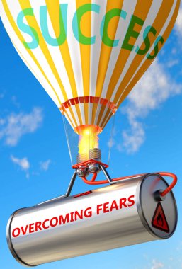 Overcoming fears and success - pictured as word Overcoming fears and a balloon, to symbolize that Overcoming fears can help achieving success and prosperity in life and business, 3d illustration clipart