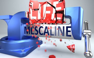Meskalin hayatı mahvedebilir ve yok edebilir. Mescaline ve Mescaline 'in negatif yönlerini gösteren bir ahlaksızlık. 3D çizim.