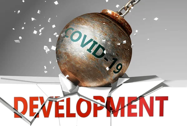 Развитие Коронавирус Символизируемый Вирусом Разрушающим Слово Development Picture Covid Affects — стоковое фото