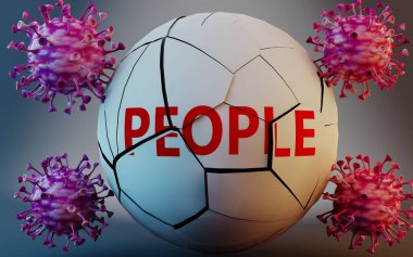 Coronavirus ve insanlar, virüslerle sembolize edilmiş kelime insanları yok ederek Covid-19 salgınının insanları çok olumsuz etkilediğini gösteriyorlar, 3d illüstrasyon.