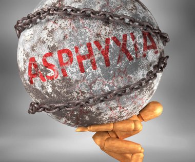 Asphyxia and hardship in life - pictured by word Asphyxia as a heavy weight on shoulders to symbolize Asphyxia as a burden, 3d illustration clipart