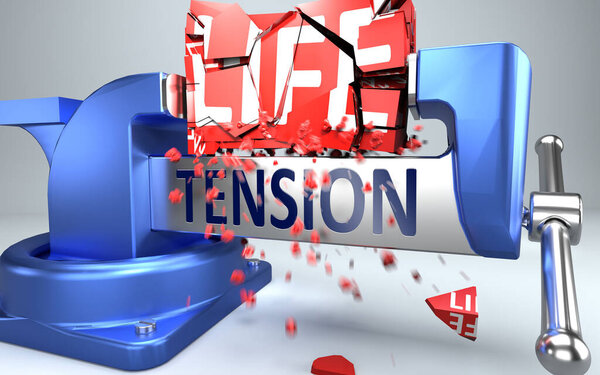 Tension can ruin and destruct life - symbolized by word Tension and a vice to show negative side of Tension, 3d illustration