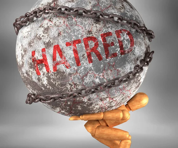 人生の憎しみと苦難 言葉で描かれた重荷として憎しみを象徴する肩の重み 3Dイラスト — ストック写真