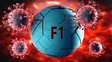 Covid-19 virüsü ve f1 virüsü, f1 sözcüğünü yok ederek Coronavirus salgınının f1 'i yok ettiğini ve ekonomik durgunluğa, 3D illüstrasyonlara yol açtığını gösteriyor.