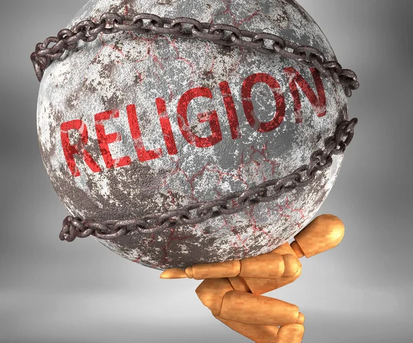 人生の宗教と苦難 重荷としての宗教を象徴するために肩に重い重みとしての言葉の宗教によって描かれ 3Dイラスト — ストック写真