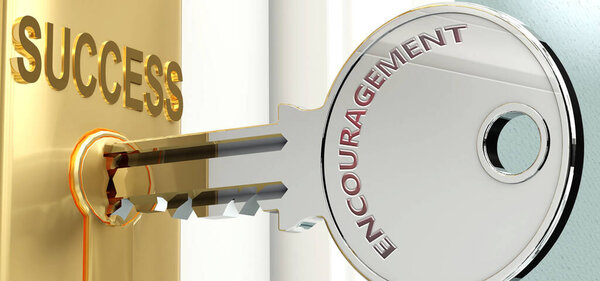 Encouragement and success - pictured as word Encouragement on a key, to symbolize that Encouragement helps achieving success and prosperity in life and business, 3d illustration