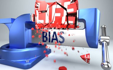 Önyargı hayatı mahvedebilir ve yok edebilir - önyargılarla sembolize edilir ve olumsuz yönlerini göstermek için ahlaksızlık, 3 boyutlu illüstrasyon