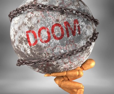 Doom 'u bir yük olarak tasvir etmek için Doom' un omuzlarında ağır bir yük olarak tasvir edilir.