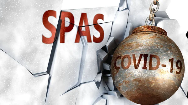 Covid Spas Simbolizados Por Virus Coronavirus Destruyendo Spas Palabra Para — Foto de Stock