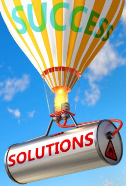 Çözümler ve başarı - kelime çözümleri ve bir balon olarak resmedilmiş, Solutions 'ın hayatta ve iş hayatında başarı ve refah elde etmeye yardımcı olabileceğini sembolize etmek için, 3d illüstrasyon