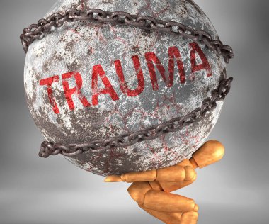 Travma ve hayatın zorlukları. Travmayı bir yük olarak tasvir etmek için omuzlarında ağır bir yük olarak tasvir edilen kelime travması.