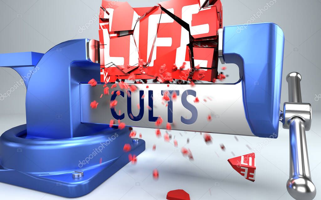 Cults can ruin and destruct life - symbolized by word Cults and a vice to show negative side of Cults, 3d illustration