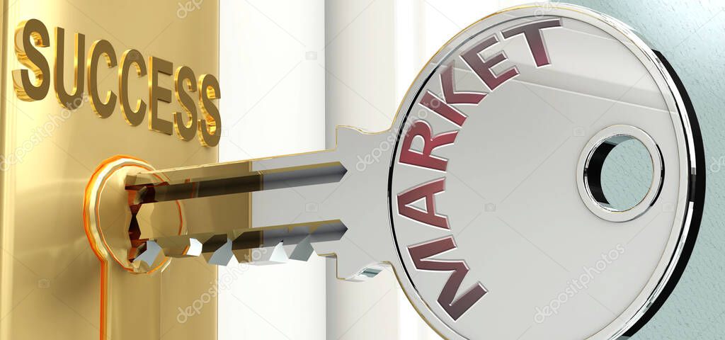 Market and success - pictured as word Market on a key, to symbolize that Market helps achieving success and prosperity in life and business, 3d illustration