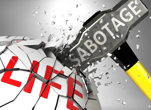 Sabotageと健康と生活の破壊 言葉Sabotageとハンマーで象徴されるSabotageの負の側面を示すために 3Dイラスト — ストック写真