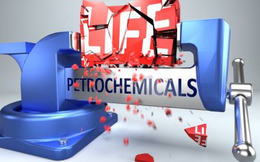 Petrokimyasallar yaşamı mahvedebilir ve yok edebilir. Petrokimyasallar ve Petrokimyasalların negatif yönünü gösteren bir ahlaksızlık, 3D çizim.