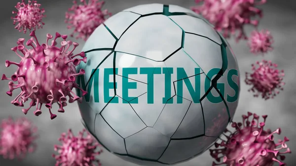 Toplantılar ve virüslerle sembolize edilen Covid-19 virüsü Coronavirus salgınının toplantıları, bulanık arka planı, 3 boyutlu illüstrasyonları yok ettiğini göstermek için sözcük toplantılarını yok ediyor.