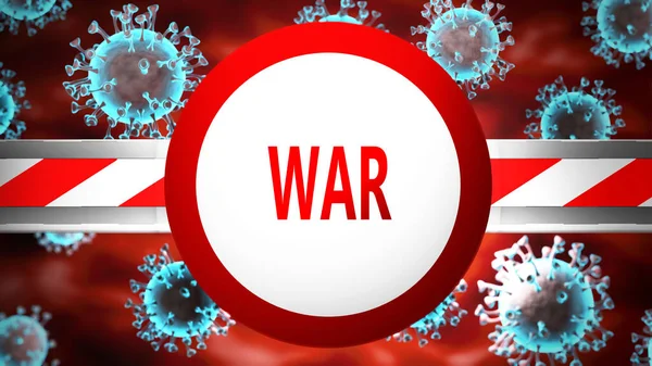 War and covid, pictured by word War and viruses to symbolize that War is related to coronavirus pandemic, 3d illustration
