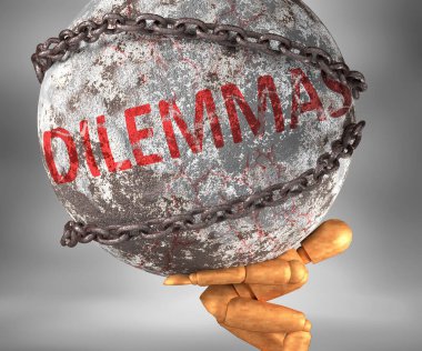 İkilemler ve hayattaki güçlükler - ikilemleri bir yük olarak sembolize etmek için omuzlarda ağır bir yük olarak tasvir edilen kelime İkilemleri, 3d illüstrasyon