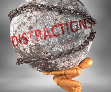 Distractions and hardship in life - pictured by word Distractions as a heavy weight on shoulders to symbolize Distractions as a burden, 3d illustration clipart