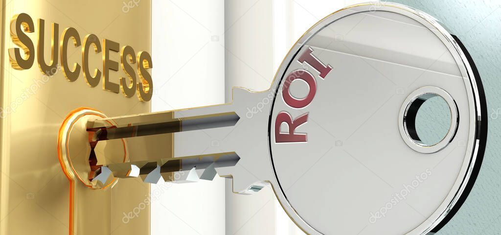 Roi and success - pictured as word Roi on a key, to symbolize that Roi helps achieving success and prosperity in life and business, 3d illustration
