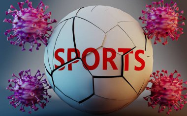 Coronavirus ve spor, virüsler tarafından sembolize ediliyor spor kelimelerini yok ederek Covid-19 salgınının sporu çok olumsuz bir şekilde etkilediğini resmetmek, 3D illüstrasyon