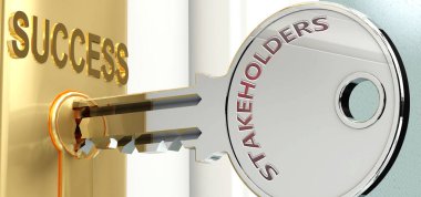 Hissedarlar ve başarı - bir anahtar üzerinde kelime hissedarları olarak resmedilmiş, Hissedarların hayatta ve iş hayatında başarı ve refah elde etmeye yardımcı olduğunu sembolize etmek için, 3d illüstrasyon