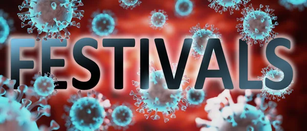 covid and festivals, pictured by word festivals and viruses to symbolize that festivals is related to corona pandemic and that epidemic affects festivals a lot, 3d illustration